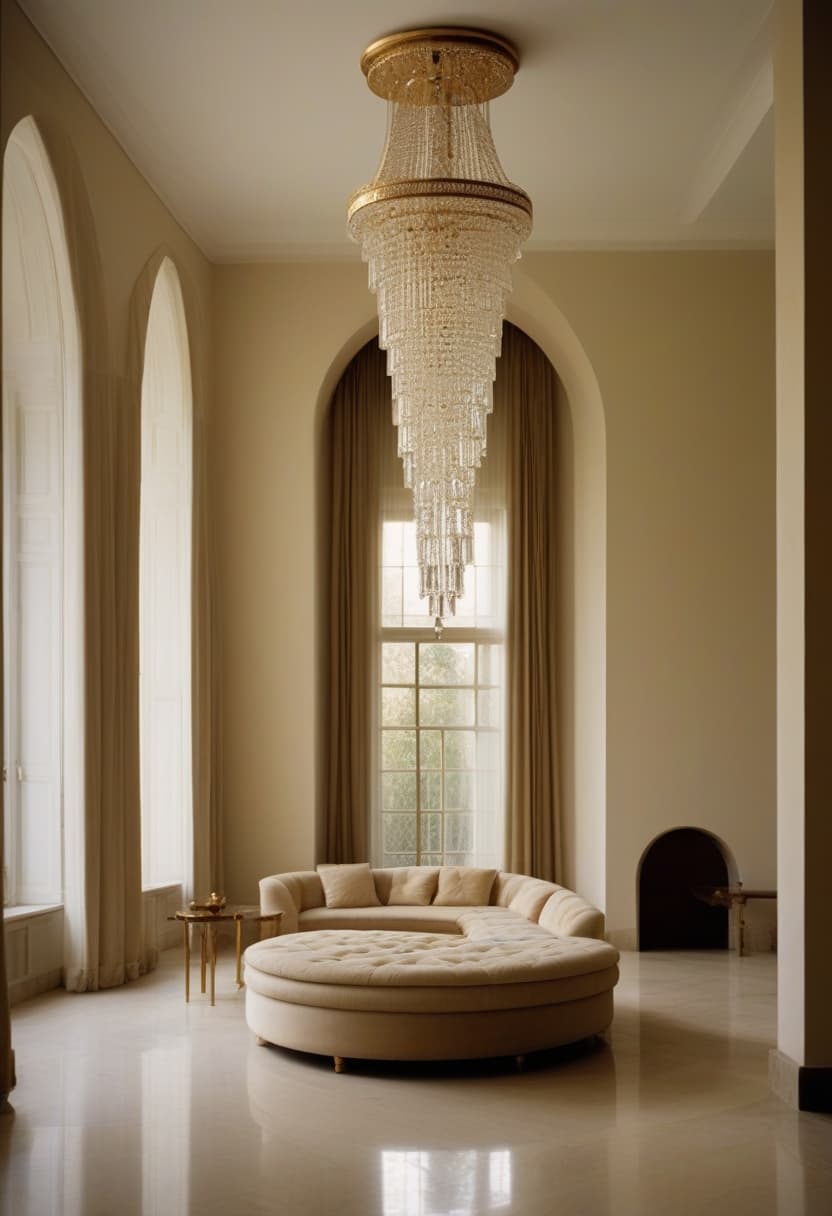 A bespoke Arvex chandelier hanging in a private villa foyer at golden hour.